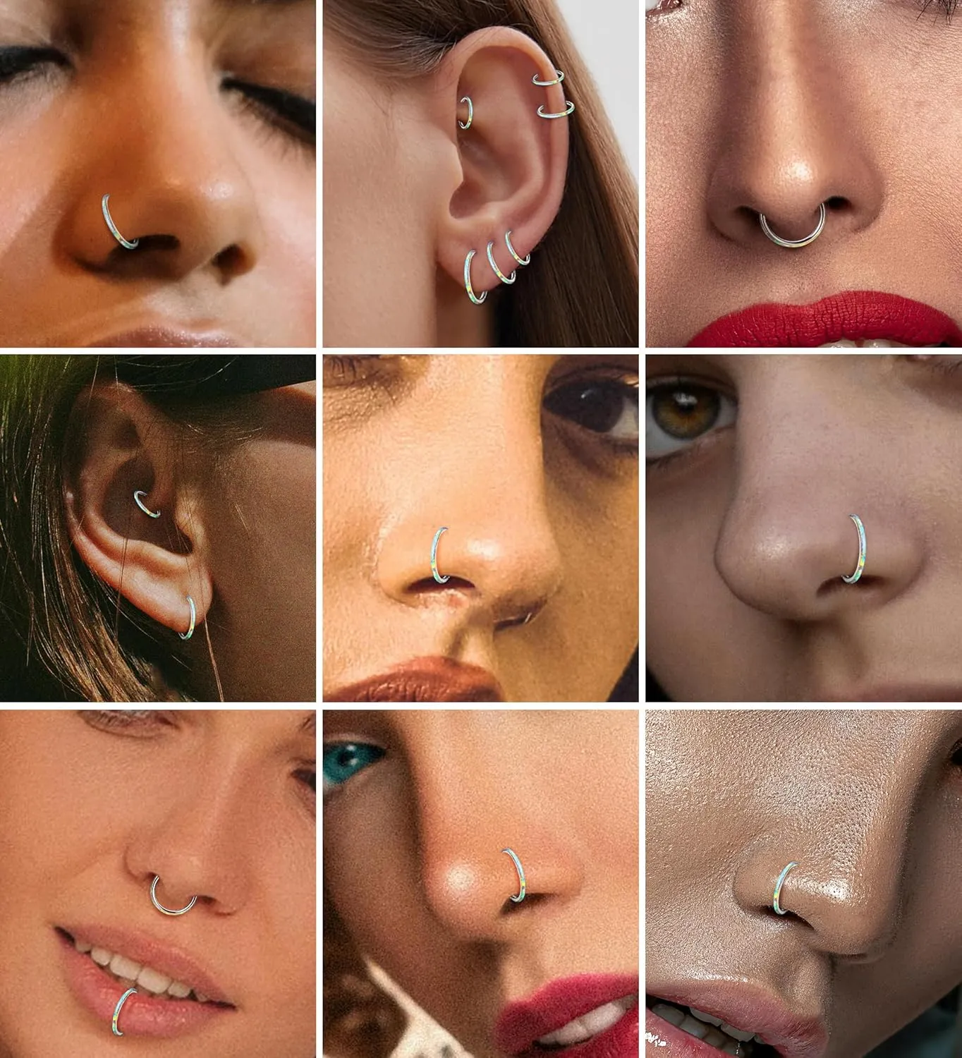 Opal Septum Ring 16G 18G 20G Hinged Hoop Ring for Women Stainless Steel Opal Nose Ring Hoop Septum Piercing Clicker Ring Cartilage Tragus Helix Earrings Conch Piercing Jewelry Silver 20G 8mm