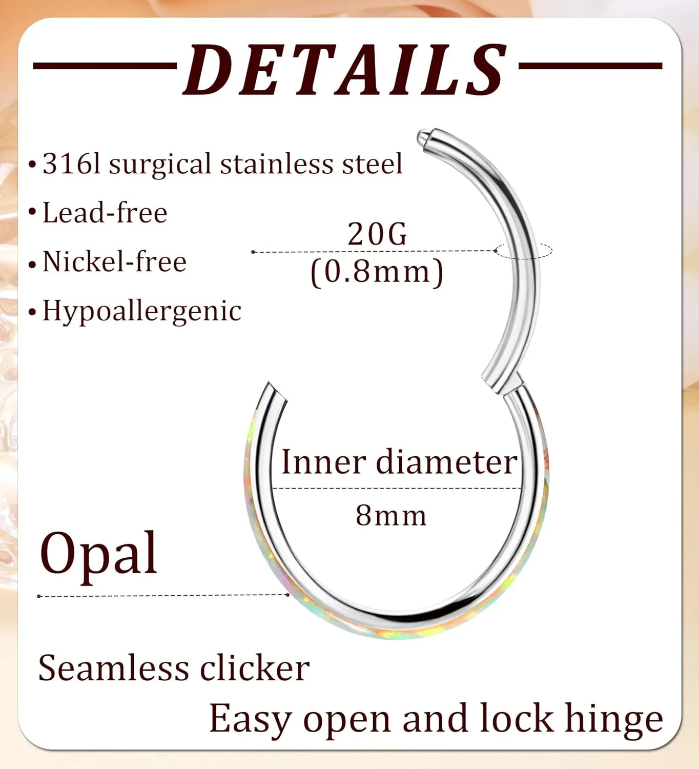 Opal Septum Ring 16G 18G 20G Hinged Hoop Ring for Women Stainless Steel Opal Nose Ring Hoop Septum Piercing Clicker Ring Cartilage Tragus Helix Earrings Conch Piercing Jewelry Silver 20G 8mm