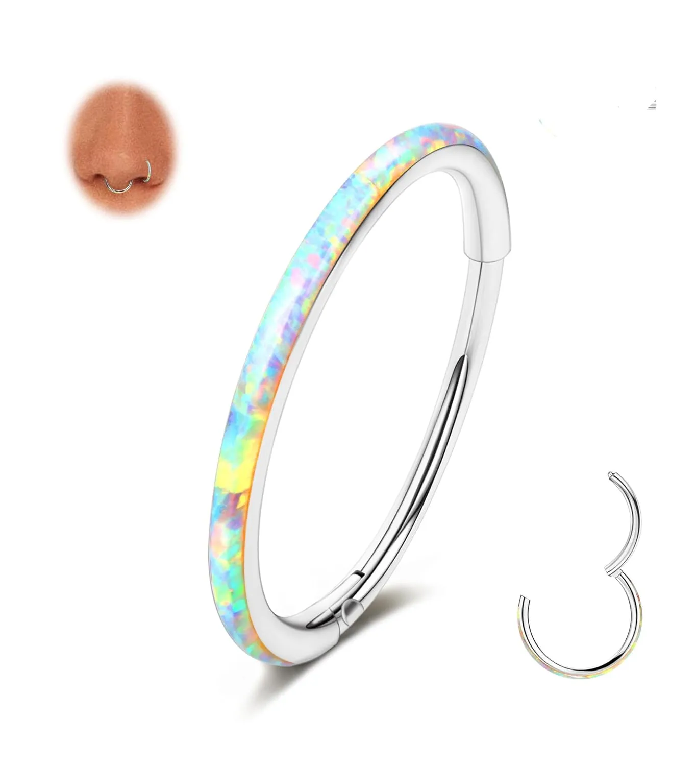 Opal Septum Ring 16G 18G 20G Hinged Hoop Ring for Women Stainless Steel Opal Nose Ring Hoop Septum Piercing Clicker Ring Cartilage Tragus Helix Earrings Conch Piercing Jewelry Silver 20G 8mm