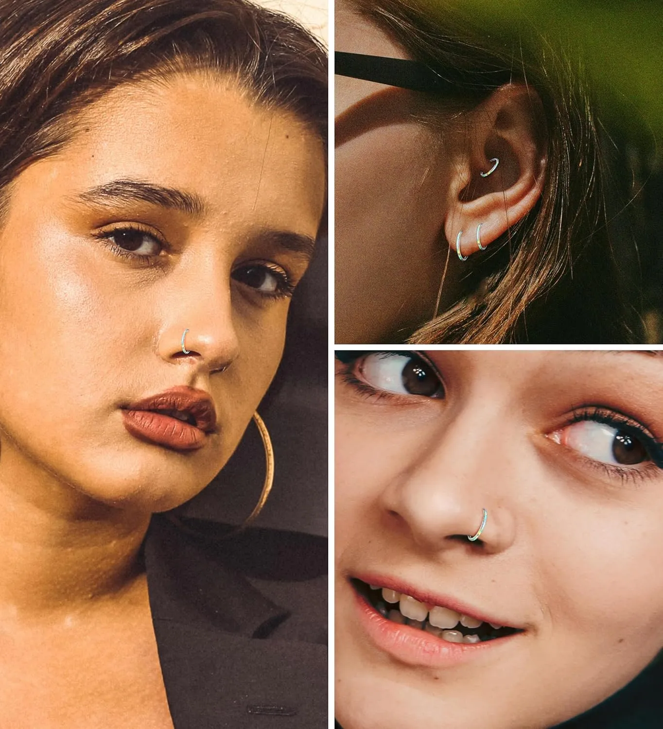 Opal Septum Ring 16G 18G 20G Hinged Hoop Ring for Women Stainless Steel Opal Nose Ring Hoop Septum Piercing Clicker Ring Cartilage Tragus Helix Earrings Conch Piercing Jewelry Silver 20G 8mm