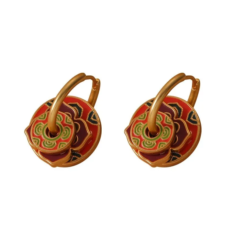 Retro Round Circle Buckle with Colorful Red Flower Drop Earrings