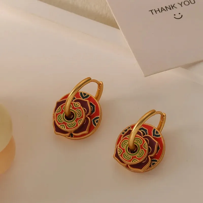Retro Round Circle Buckle with Colorful Red Flower Drop Earrings