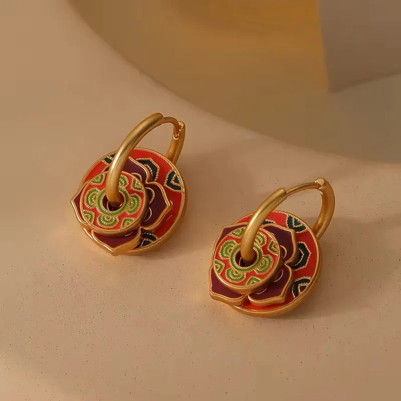 Retro Round Circle Buckle with Colorful Red Flower Drop Earrings