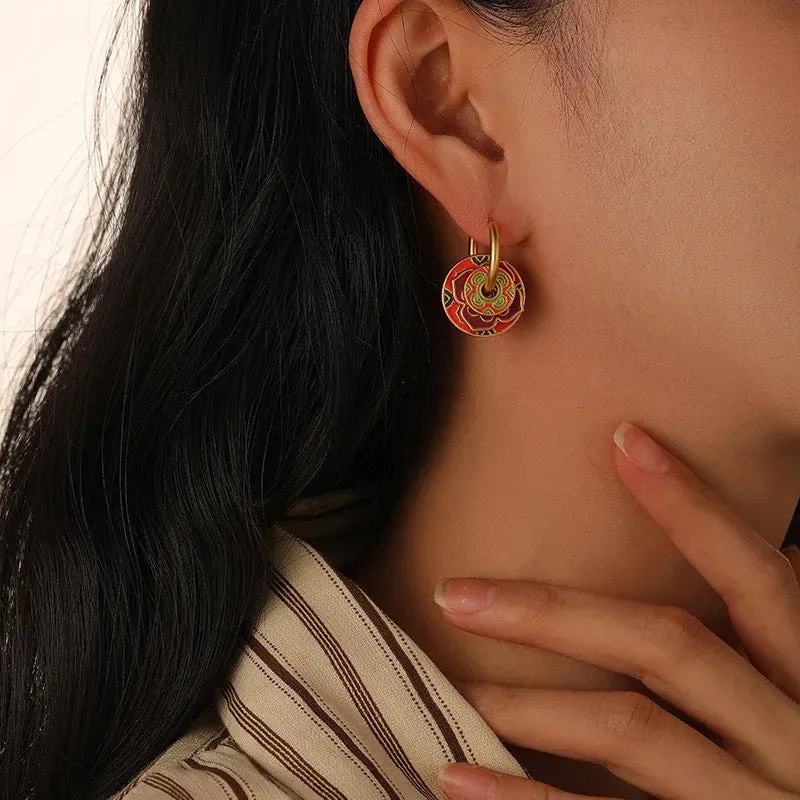 Retro Round Circle Buckle with Colorful Red Flower Drop Earrings