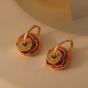 Retro Round Circle Buckle with Colorful Red Flower Drop Earrings
