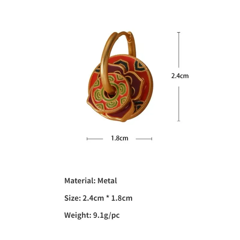 Retro Round Circle Buckle with Colorful Red Flower Drop Earrings