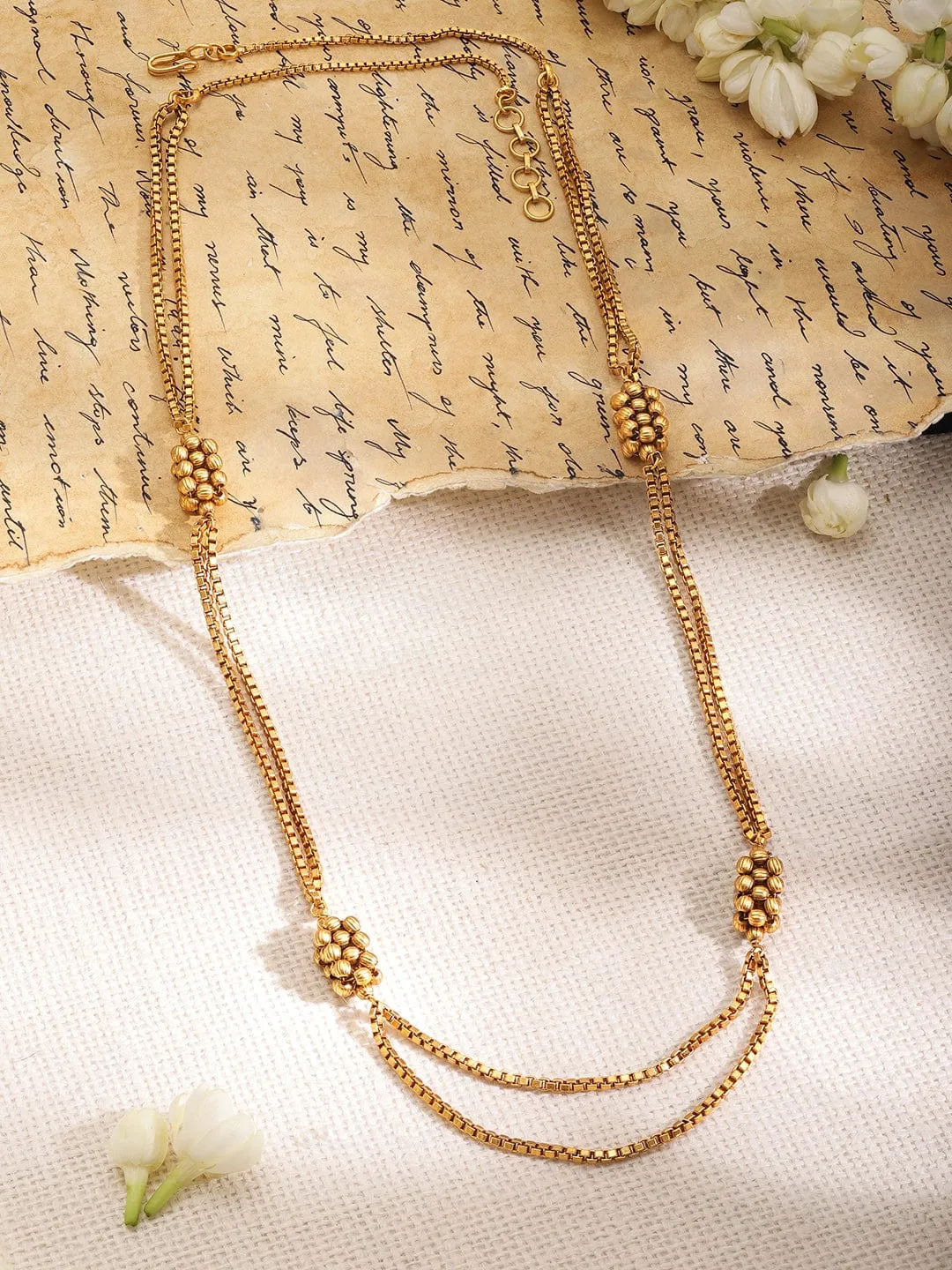 Rubans 22K Gold Plated Multi-Layered with Gold Beaded Long Necklace