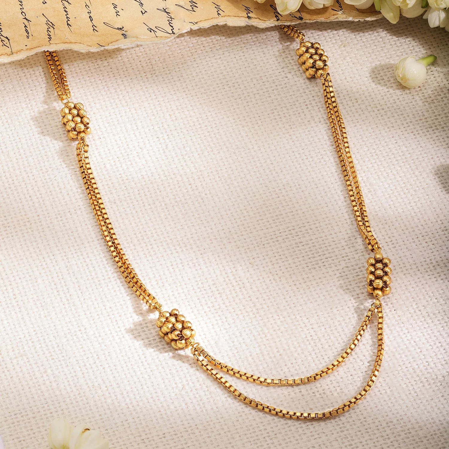 Rubans 22K Gold Plated Multi-Layered with Gold Beaded Long Necklace