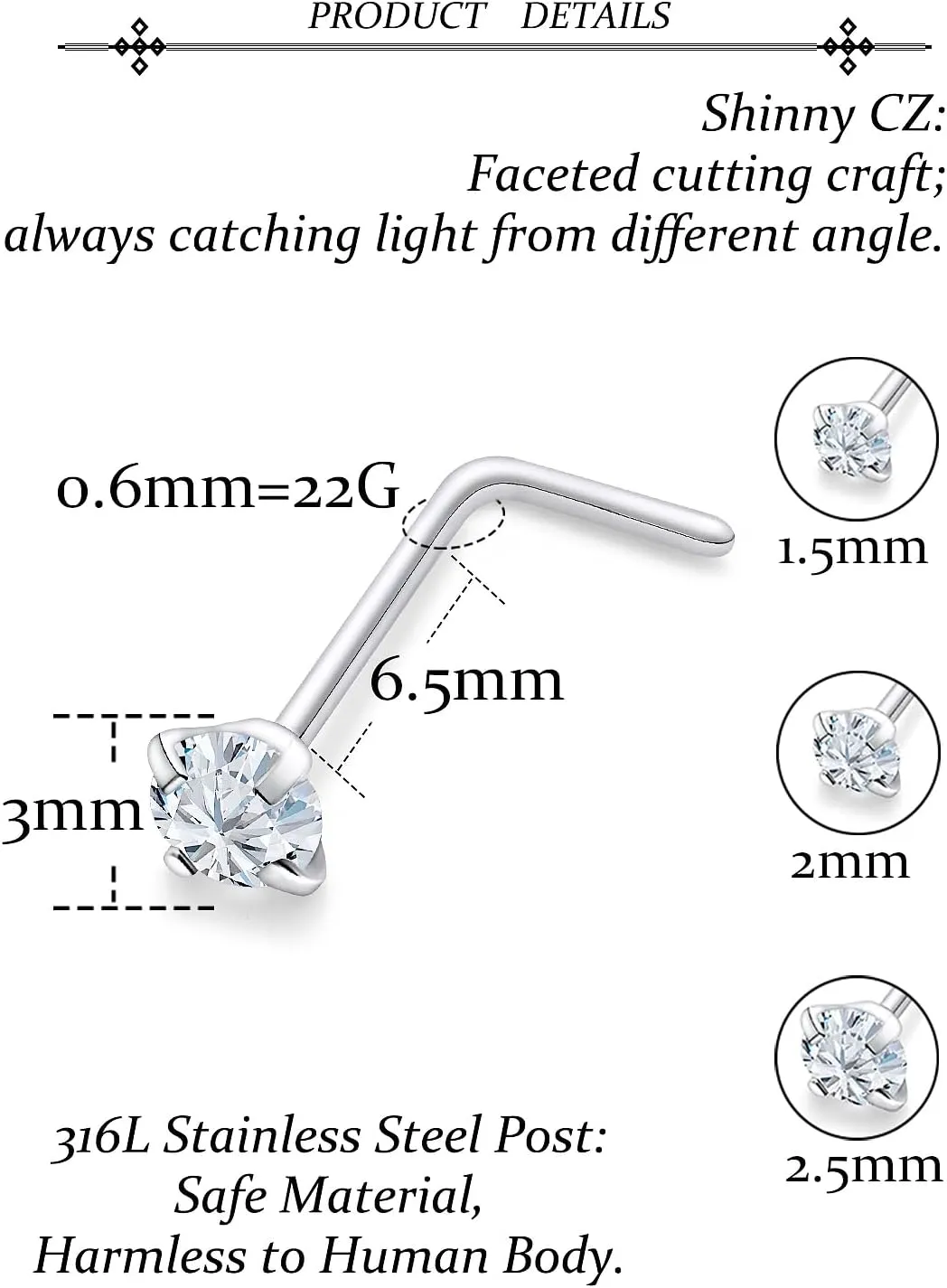 Vsnnsns 18G 20G 22G Nose Rings Studs Piercing Jewelry for Women 316L Surgical Stainless Steel L Shaped Corkscrew Straight Opal Diamond CZ Nose Rings Studs Nostril Piercing Jewelry For Women Men Silver