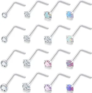 Vsnnsns 18G 20G 22G Nose Rings Studs Piercing Jewelry for Women 316L Surgical Stainless Steel L Shaped Corkscrew Straight Opal Diamond CZ Nose Rings Studs Nostril Piercing Jewelry For Women Men Silver