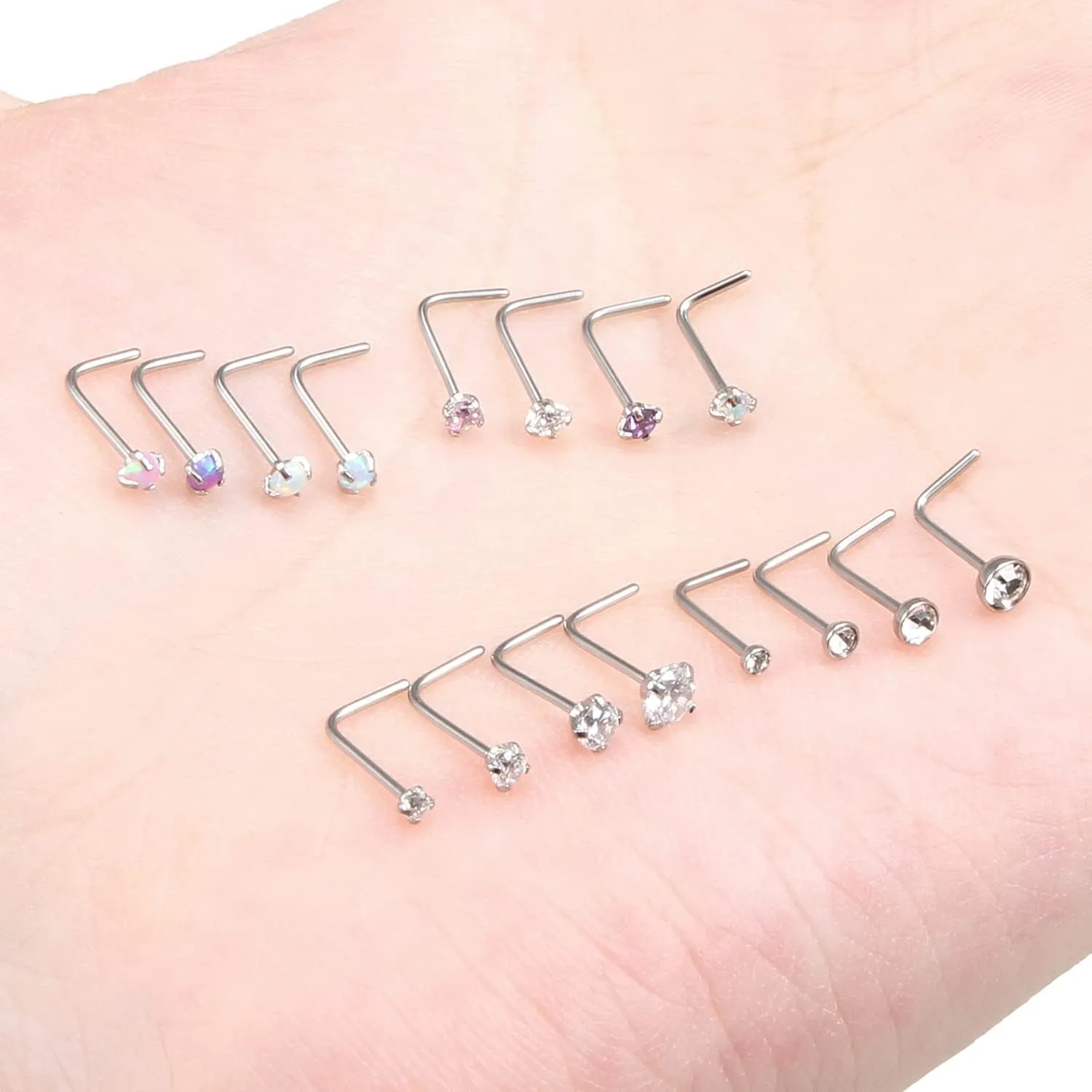 Vsnnsns 18G 20G 22G Nose Rings Studs Piercing Jewelry for Women 316L Surgical Stainless Steel L Shaped Corkscrew Straight Opal Diamond CZ Nose Rings Studs Nostril Piercing Jewelry For Women Men Silver