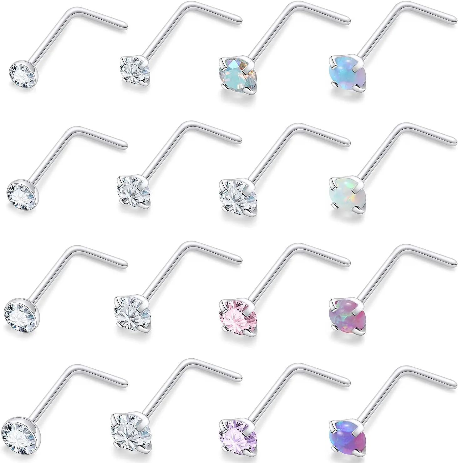Vsnnsns 18G 20G 22G Nose Rings Studs Piercing Jewelry for Women 316L Surgical Stainless Steel L Shaped Corkscrew Straight Opal Diamond CZ Nose Rings Studs Nostril Piercing Jewelry For Women Men Silver