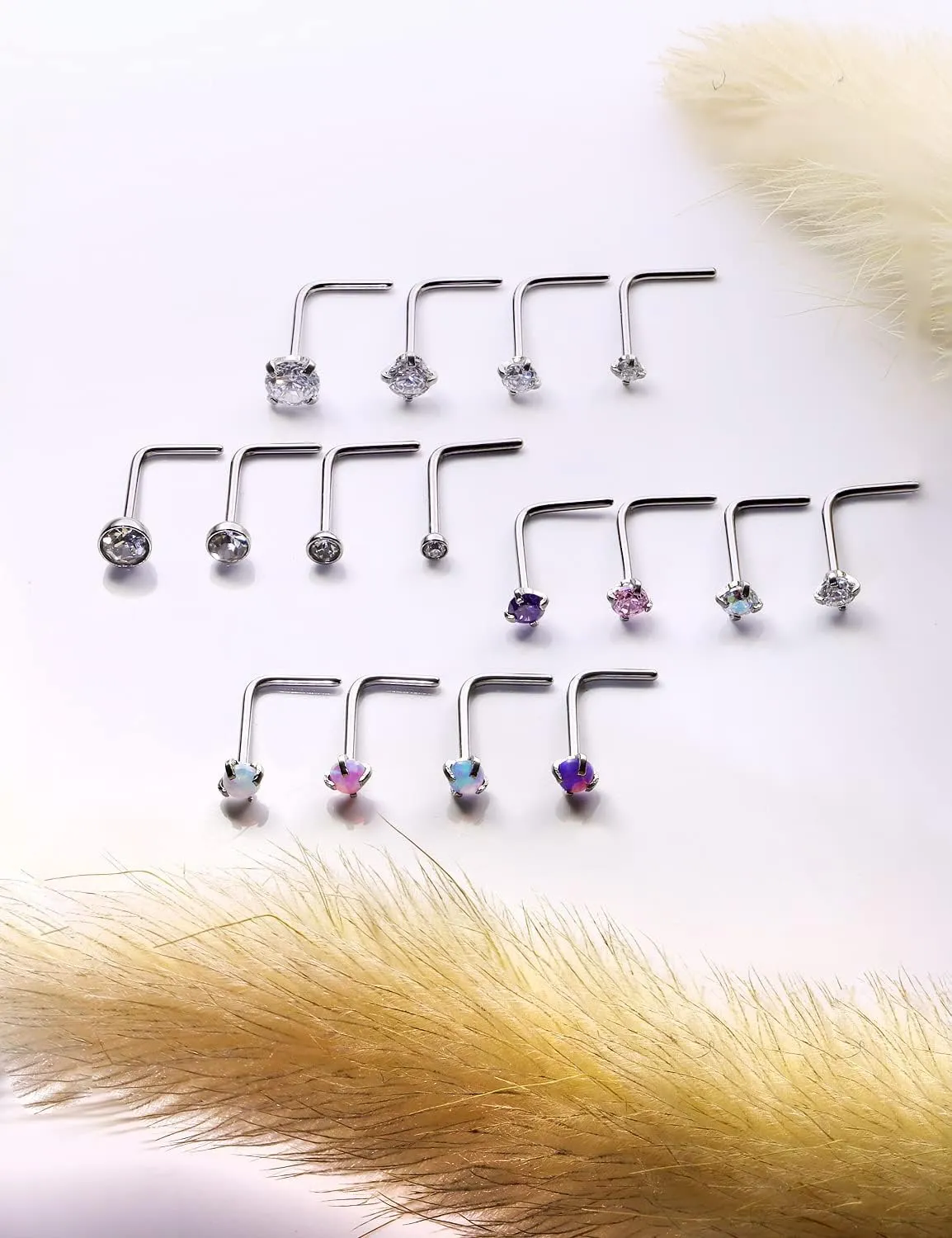 Vsnnsns 18G 20G 22G Nose Rings Studs Piercing Jewelry for Women 316L Surgical Stainless Steel L Shaped Corkscrew Straight Opal Diamond CZ Nose Rings Studs Nostril Piercing Jewelry For Women Men Silver